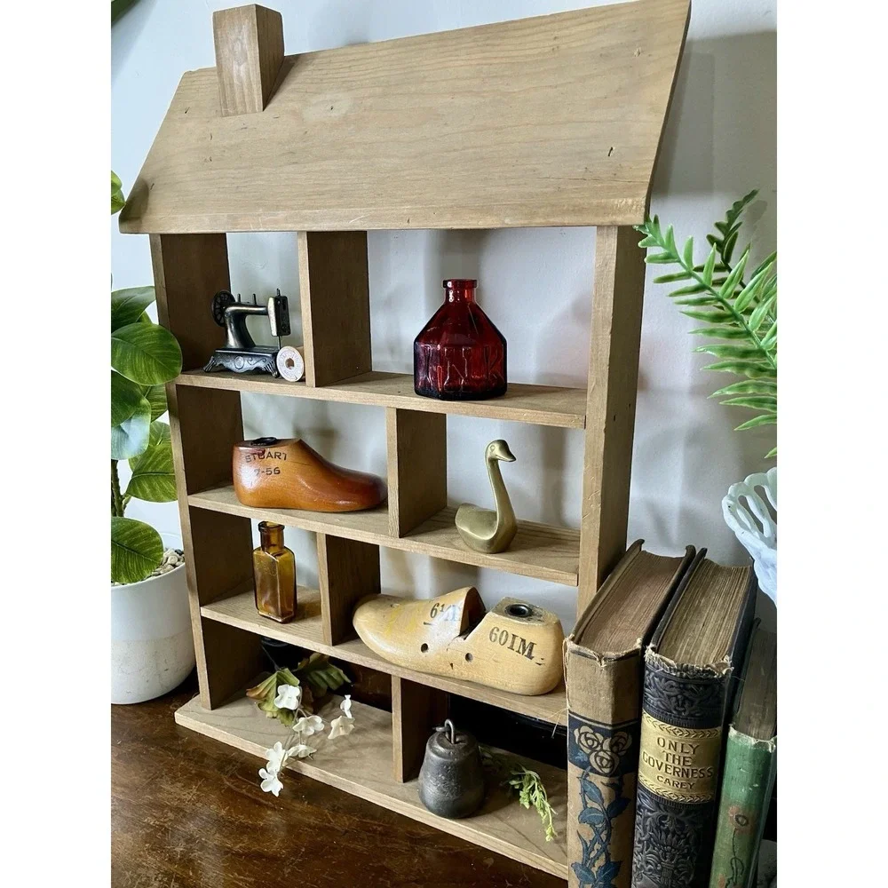 Vintage Wooden Trinket Shelf House Shaped Knick Knack Miniatures Display Cottage